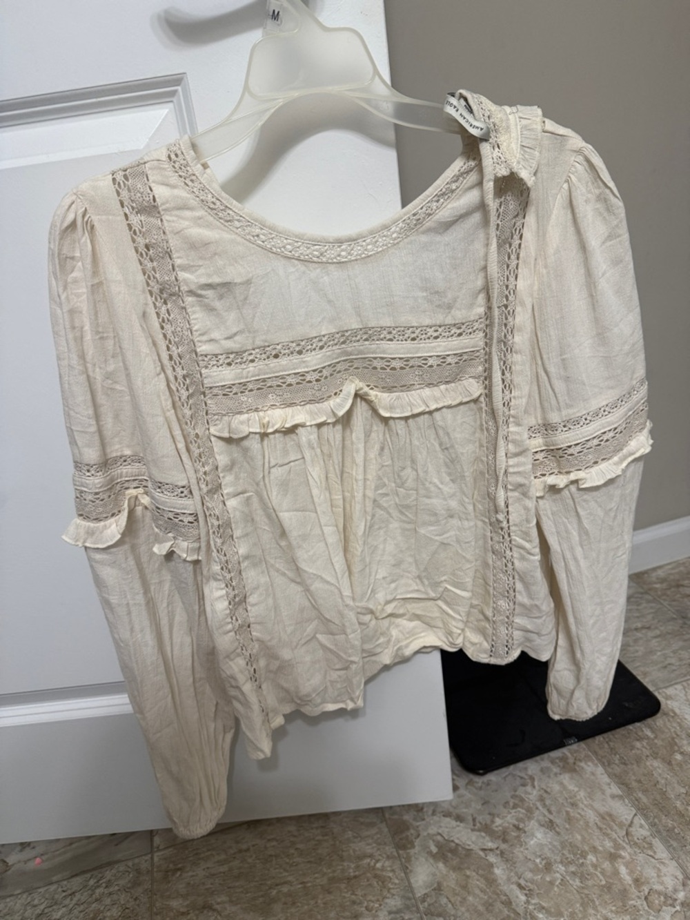 American Eagle Outfitters Ivory Lace-Trim Peasant Blouse